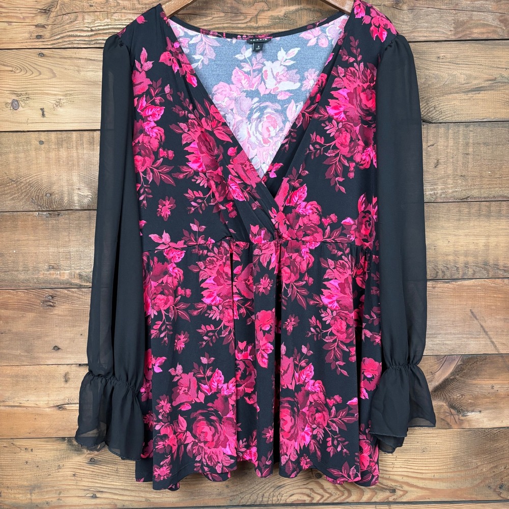 Torrid Babydoll Top Womens 3 Floral Surplice Neck Sheer Bell Sleeve Plus